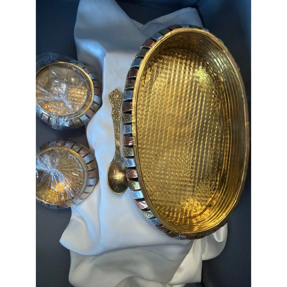 Vintage Mixed Metal Tri-Tone Serving Set Hammered Copper Brass Silver 4pc Bowl